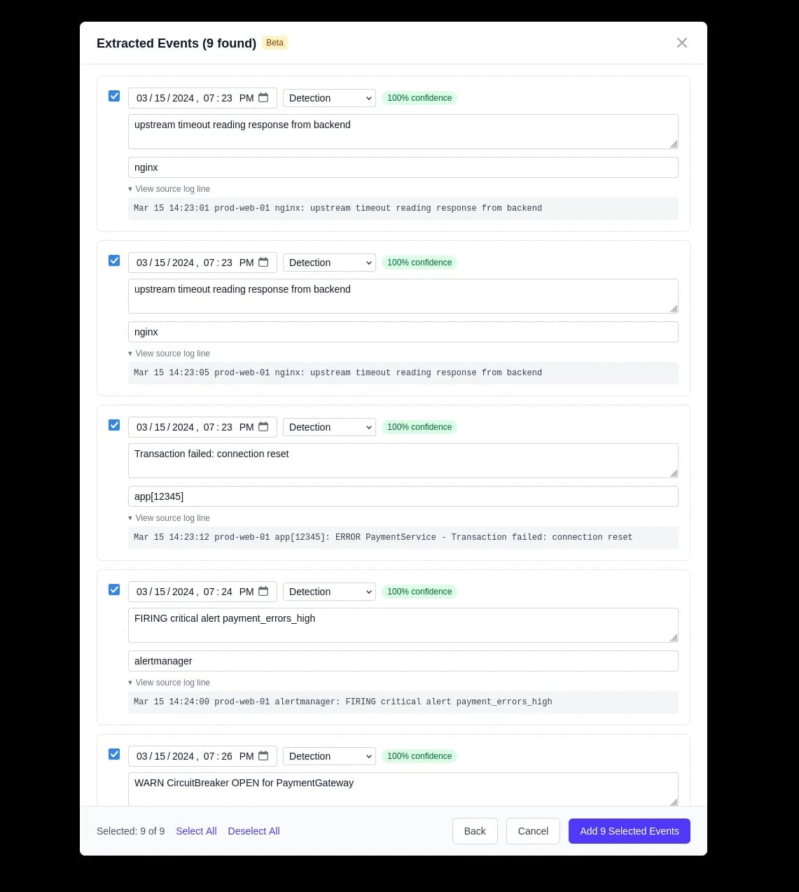Timeline extraction showing events parsed from logs with confidence scores for review