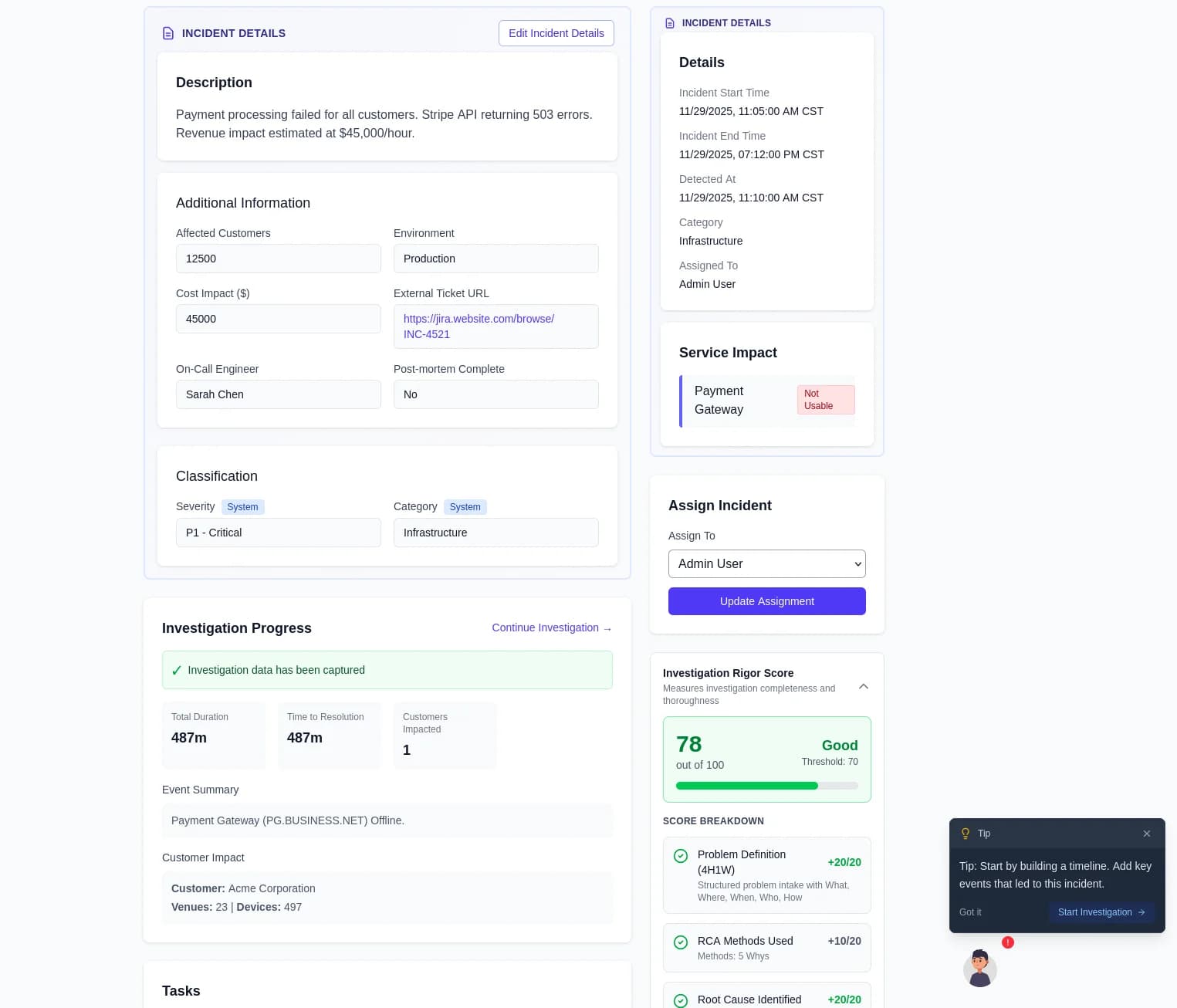 OutageReview Rigor Score showing 78/100 investigation quality with score breakdown